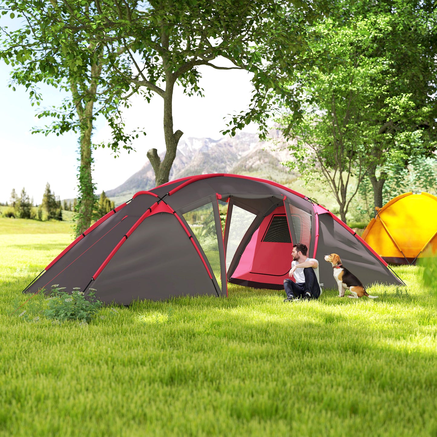 Outsunny 4-6 Man Family Camping Tent w/ 2 Bedrooms and a Living Room, Waterproof Tunnel Tent w/ Sewn In Groundsheet, Doors, Windows, Carry Bag