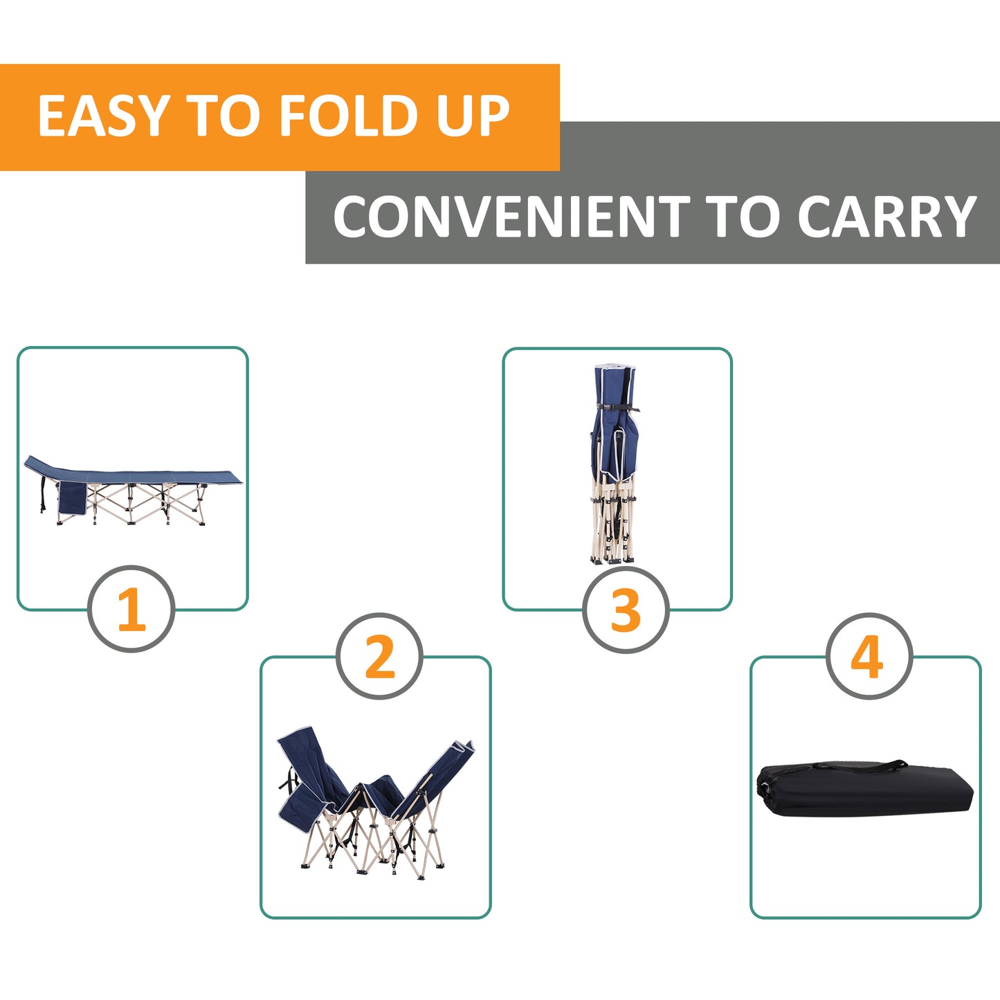 Outsunny Single Person Camping Bed Folding Cot Outdoor Patio Portable Military Sleeping Bed Travel Guest Leisure Fishing with Side Pocket and Carry Bag