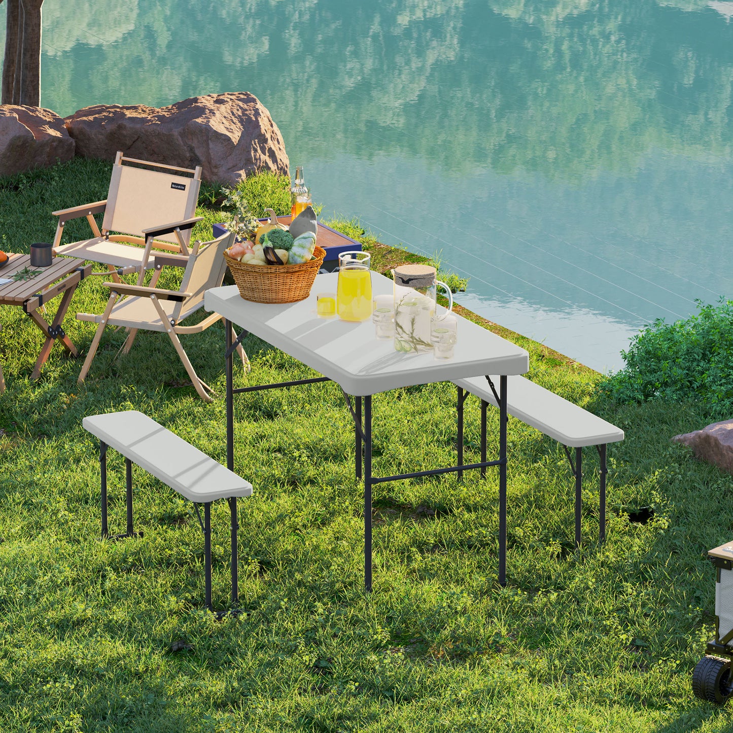 Outsunny Three-Piece Folding Picnic Table and Bench Set - Light Grey