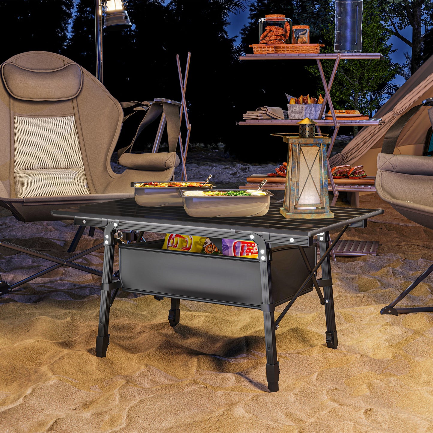 Outsunny Folding Camping Table, 90 x 55 cm Height Adjustable Portable Collapsible Table, 3ft Lightweight Aluminium Rollup Picnic Table with Storage Basket for Outdoor Garden Party BBQ, Black