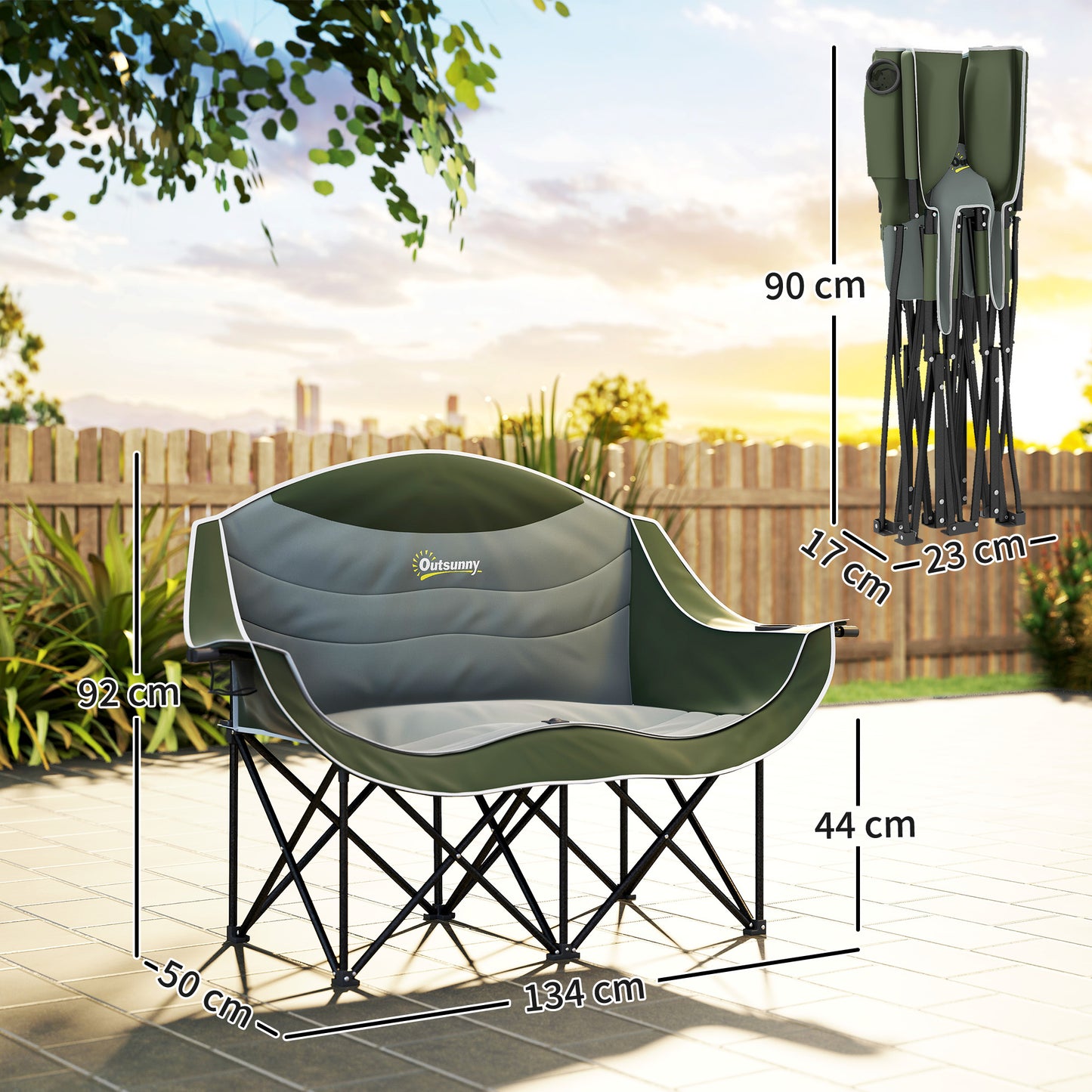 Outsunny Double Camping Chair for Adults, Oversized Heavy Duty Padded Folding Chair with Armrests, Cup Holders and Carry Bag for Outdoor Camping Hiking Picnic Fishing, 250kg Capacity
