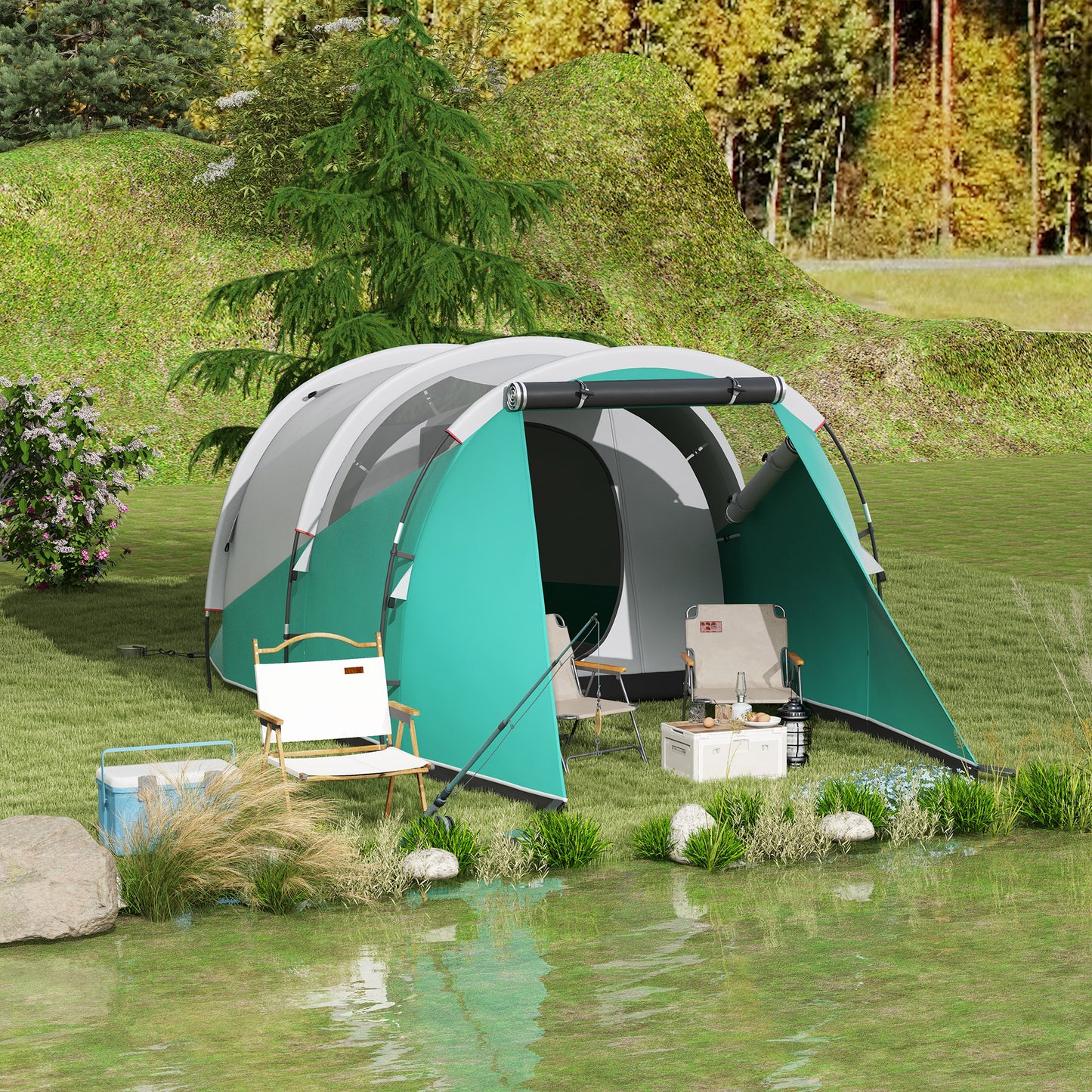 Outsunny Three-Man, 3000mm Water-Resistant Two-Room Tunnel Tent - Green