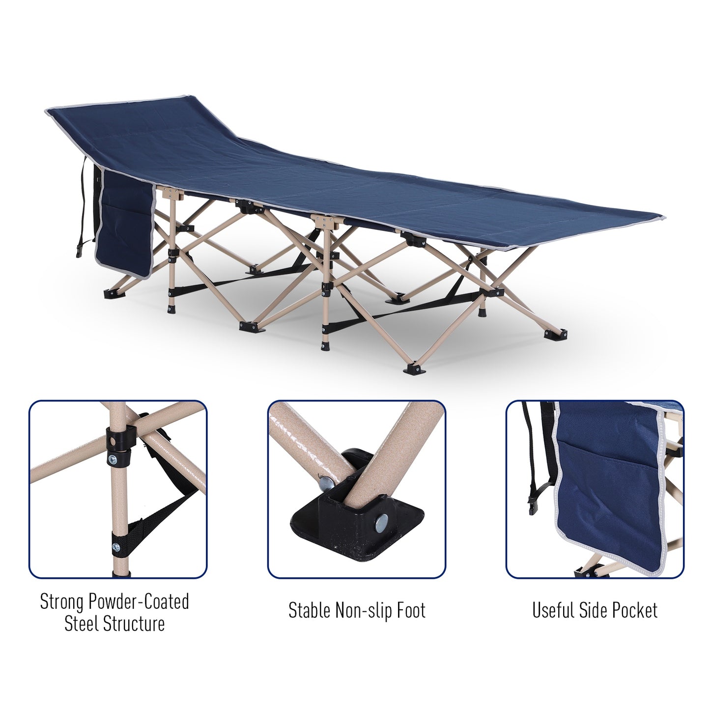 Outsunny Single Person Camping Bed Folding Cot Outdoor Patio Portable Military Sleeping Bed Travel Guest Leisure Fishing with Side Pocket and Carry Bag