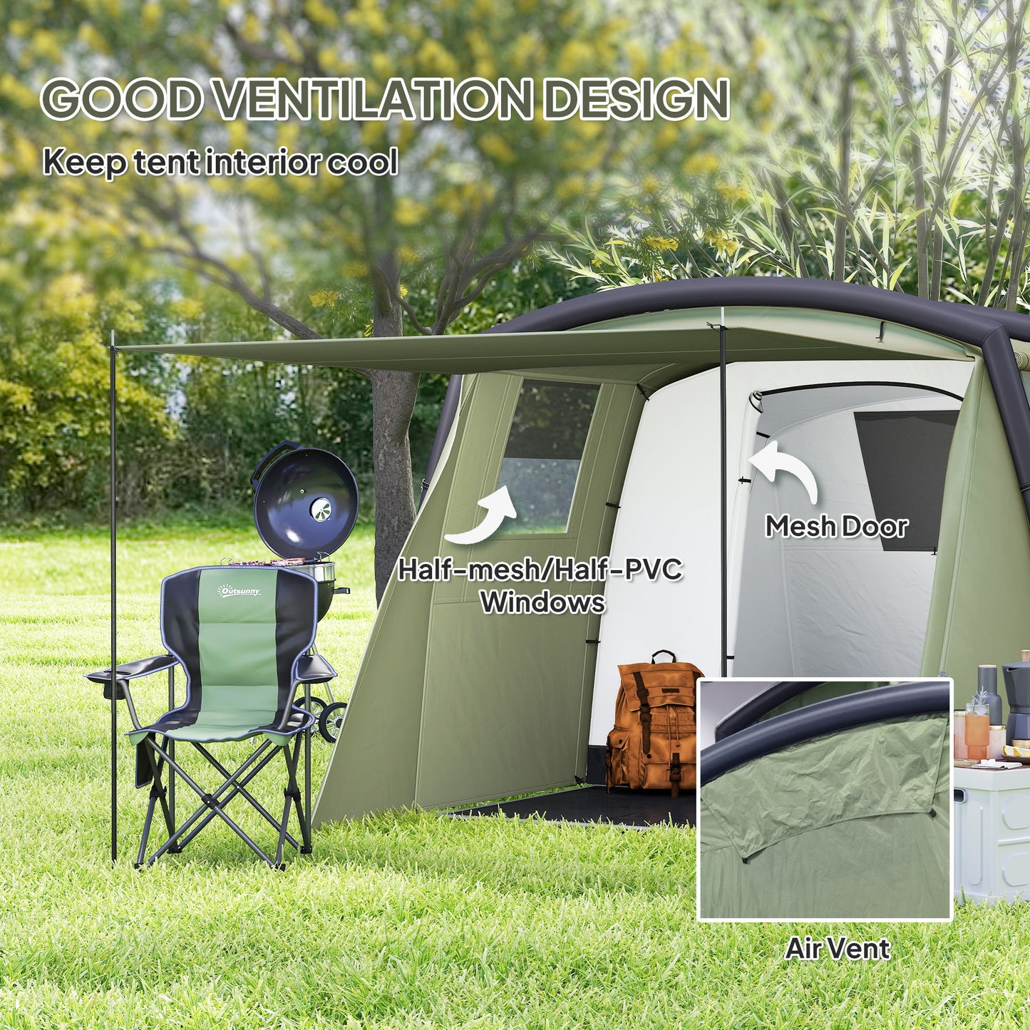 Outsunny Inflatable 3-4 Man Tunnel Tent w/ Air Pump, Living Area & Vestibule, Waterproof Family Camping Air Tent w/ Sewn In Groundsheet & Removable Footprint for Camping, Hiking