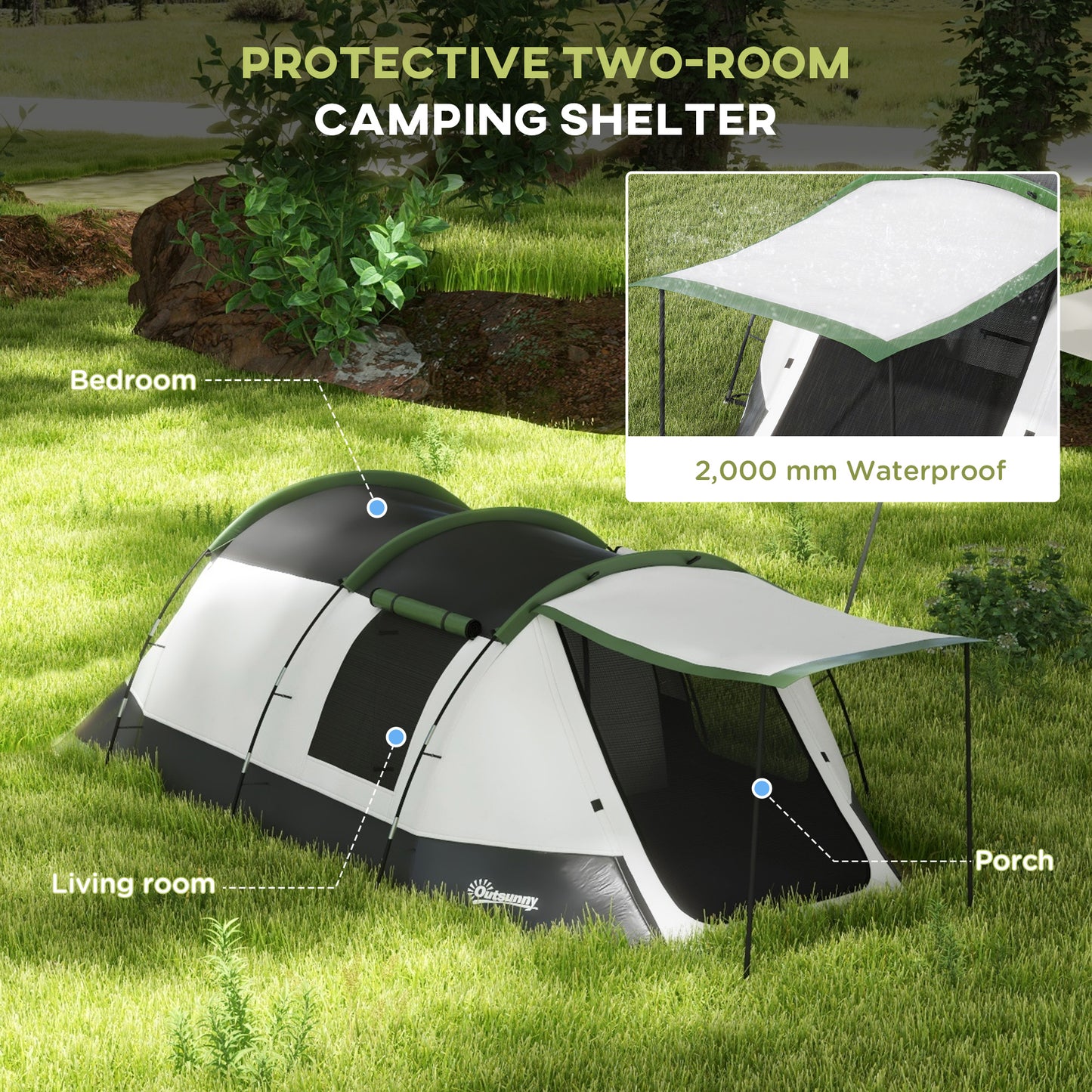 Outsunny Three-Man Camping Tent, with Two Rooms and Porch