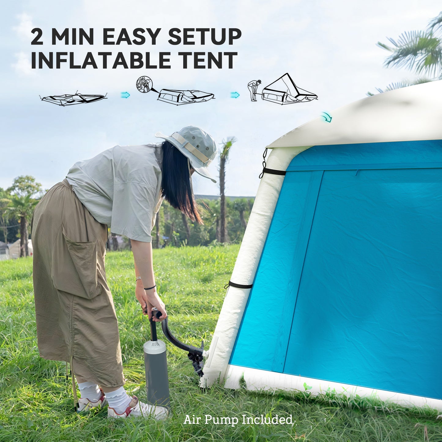 Outsunny Inflatable Camping Tent w/ Hand Pump, Easy Setup 1/2 Person Blow Up Tent Waterproof 190T Taffeta w/ Mesh Windows, Doors and Carry Bag