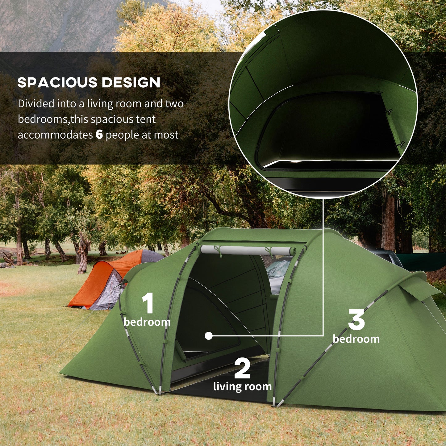 Outsunny 4-6 Man Camping Tent with Living Area and 2 Bedrooms, Hiking Sun Shelter, UV Protection Tunnel Tent