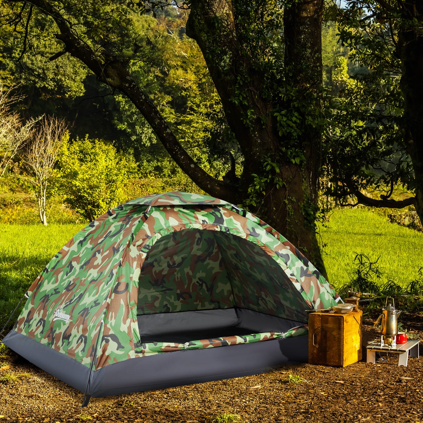 Outsunny 2 Person Camping Tent, Dome Tent with Zipped Doors, Storage Pocket, Portable Handy Bag, Multicoloured