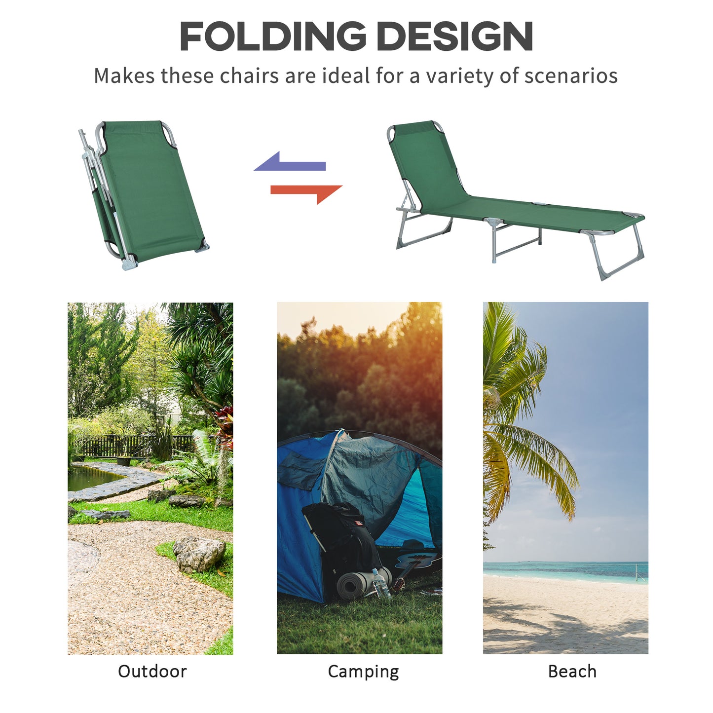 Outsunny Reclining Sun Lounger Chair Folding Camping Bed with 4-Position Adjustable Backrest, for Travel Indoor Outdoor Office Fishing