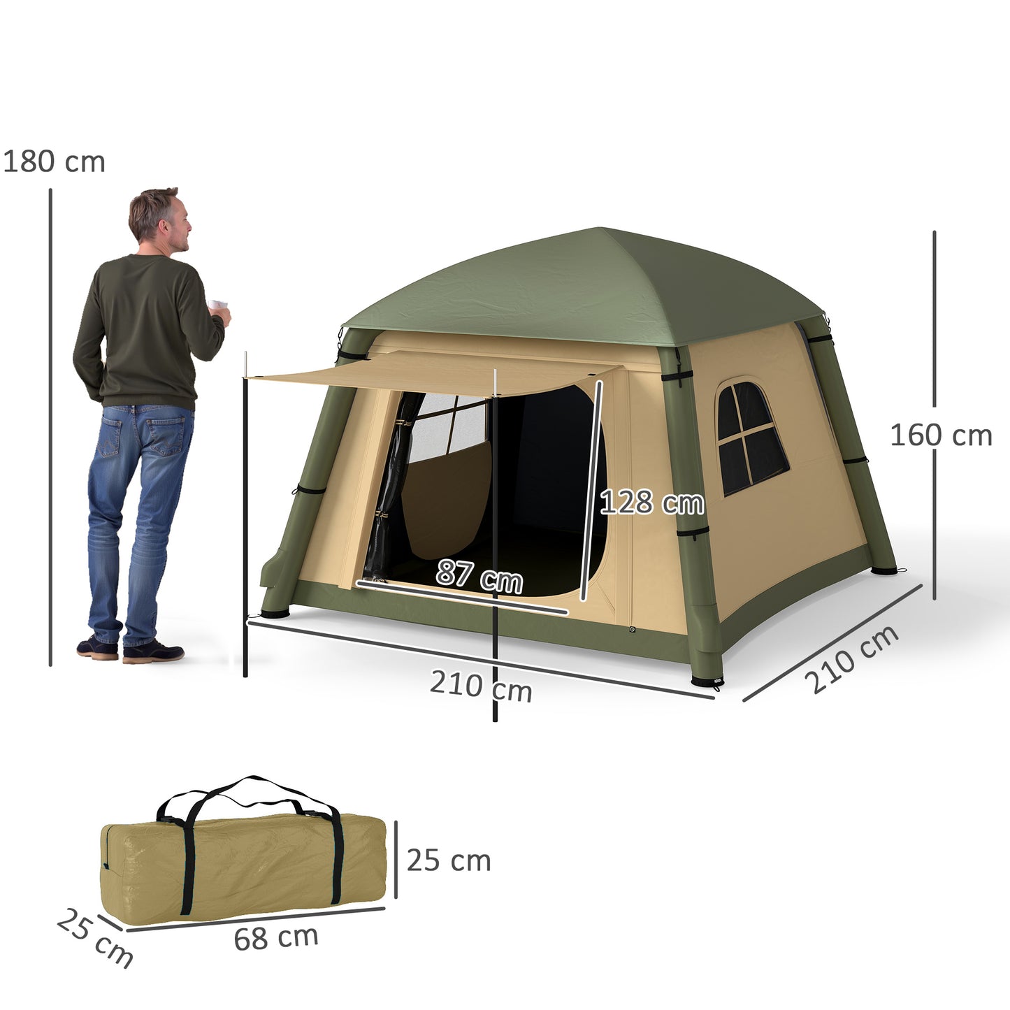 Outsunny Inflatable Camping Tent w/ Hand Pump, Easy Setup 1/2 Person Blow Up Tent Waterproof 190T Taffeta w/ Mesh Windows, Doors and Carry Bag