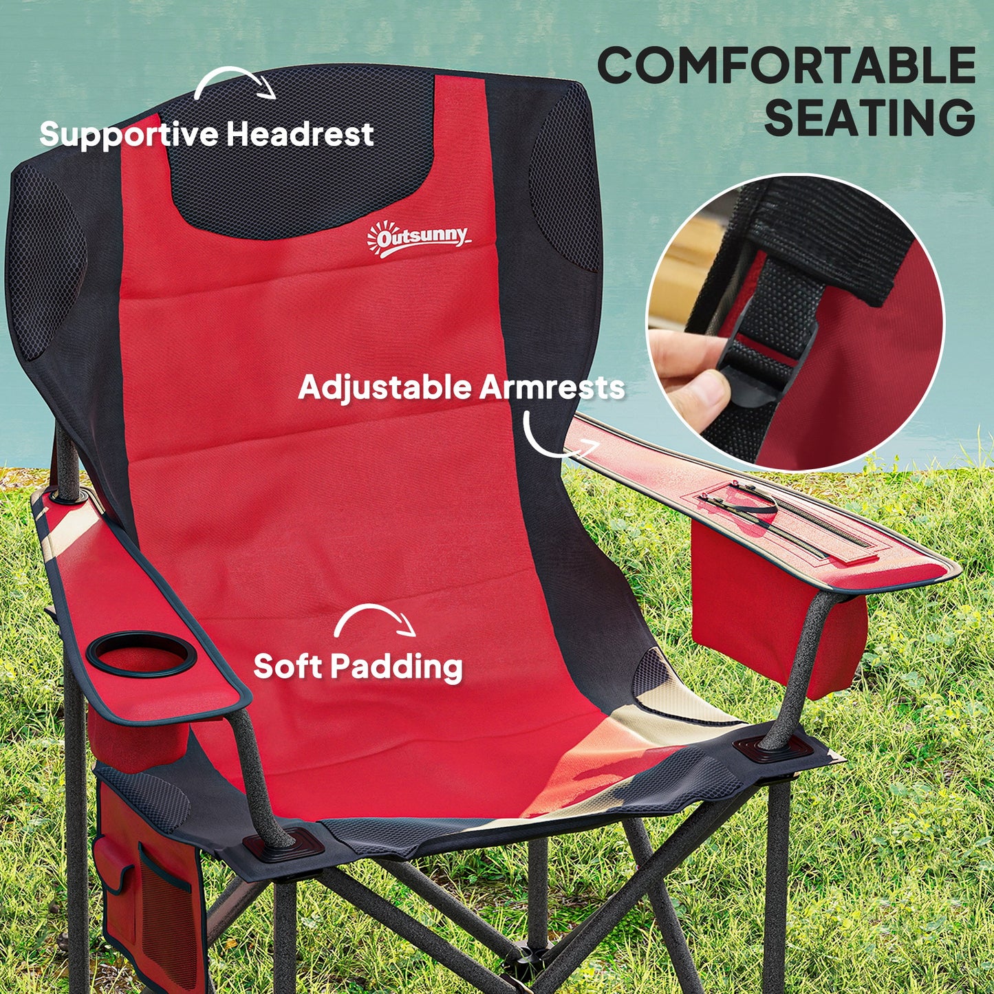 Outsunny Set of 2 Folding Camping Chairs, Padded Camping Chairs with Adjustable Armrests, Portable & Lightweight Folding Camp Chair with Cooler Bag, Cup Holder and Side Pockets