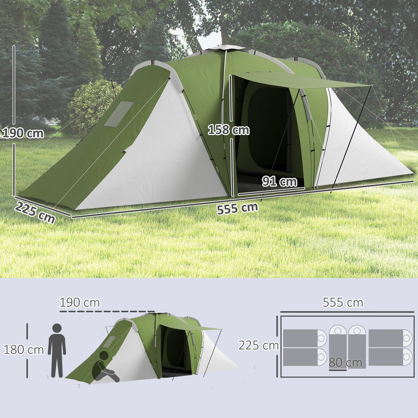 Outsunny Large Camping Tent Tunnel Tent with 2 Bedroom and Living Area, 2000mm Waterproof, Portable with Bag for 4-6 Man