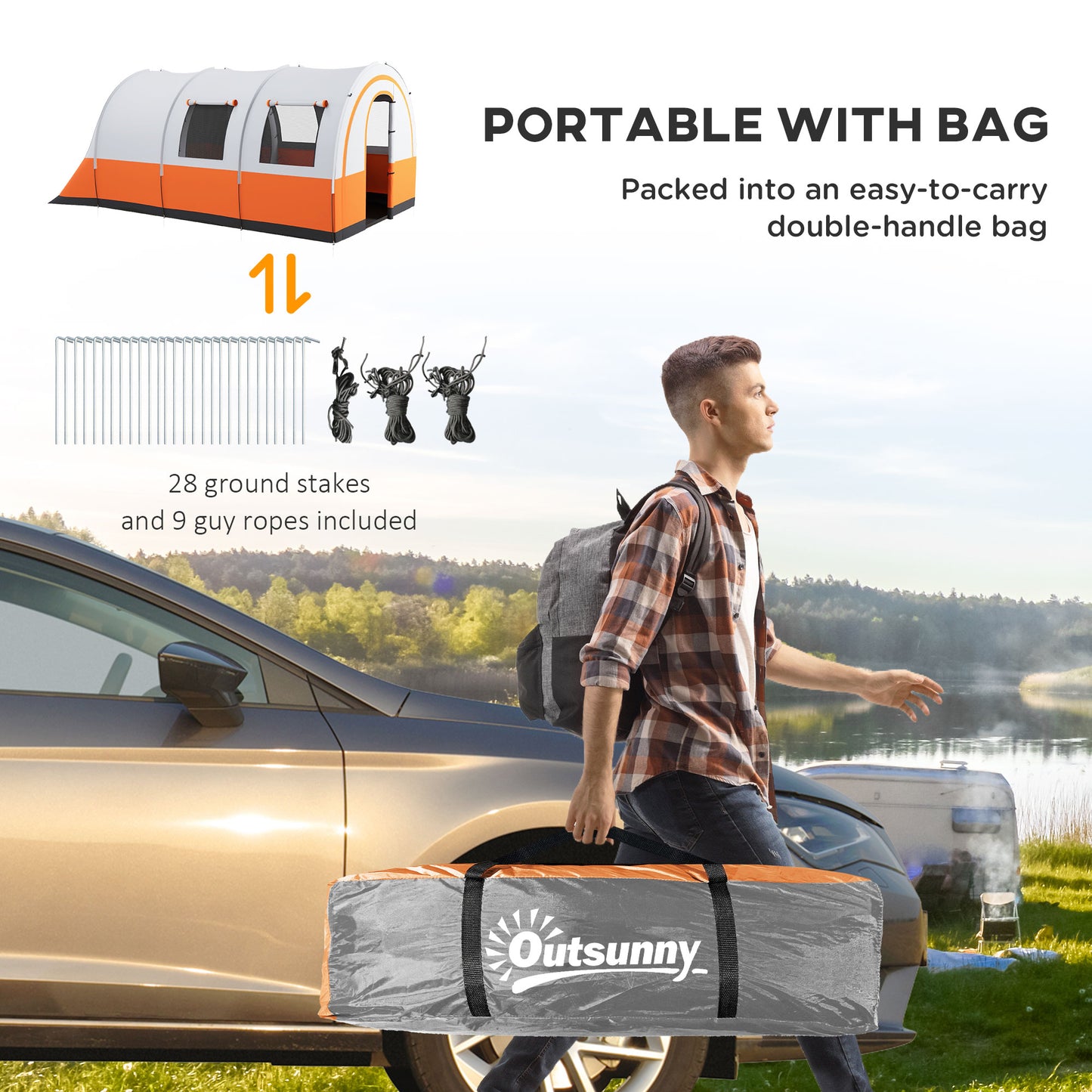 Outsunny 3000mm Waterproof Camping Tent, 5-6 Man Family Tent with Living and Bedroom, Carry Bag Included