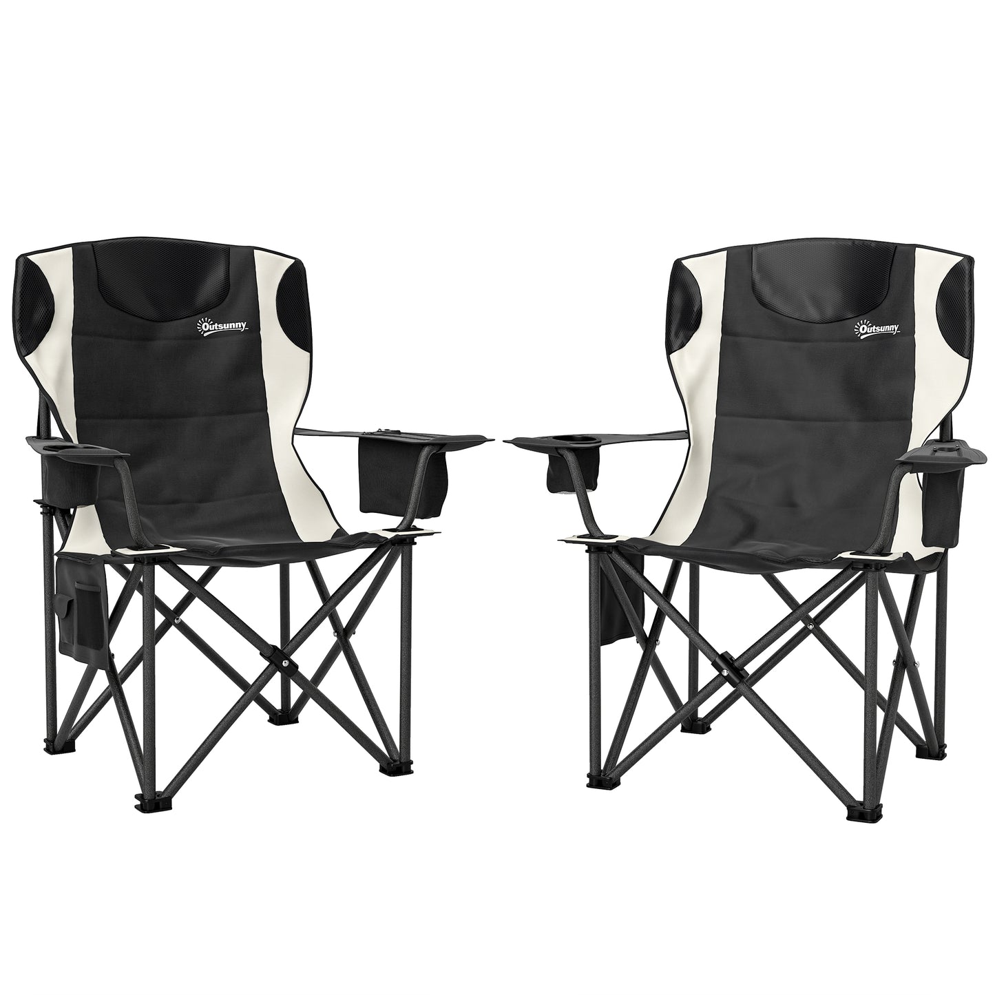 Outsunny Set of 2 Folding Camping Chairs, Padded Camping Chairs with Adjustable Armrests, Portable & Lightweight Folding Camp Chair with Cooler Bag, Cup Holder and Side Pockets