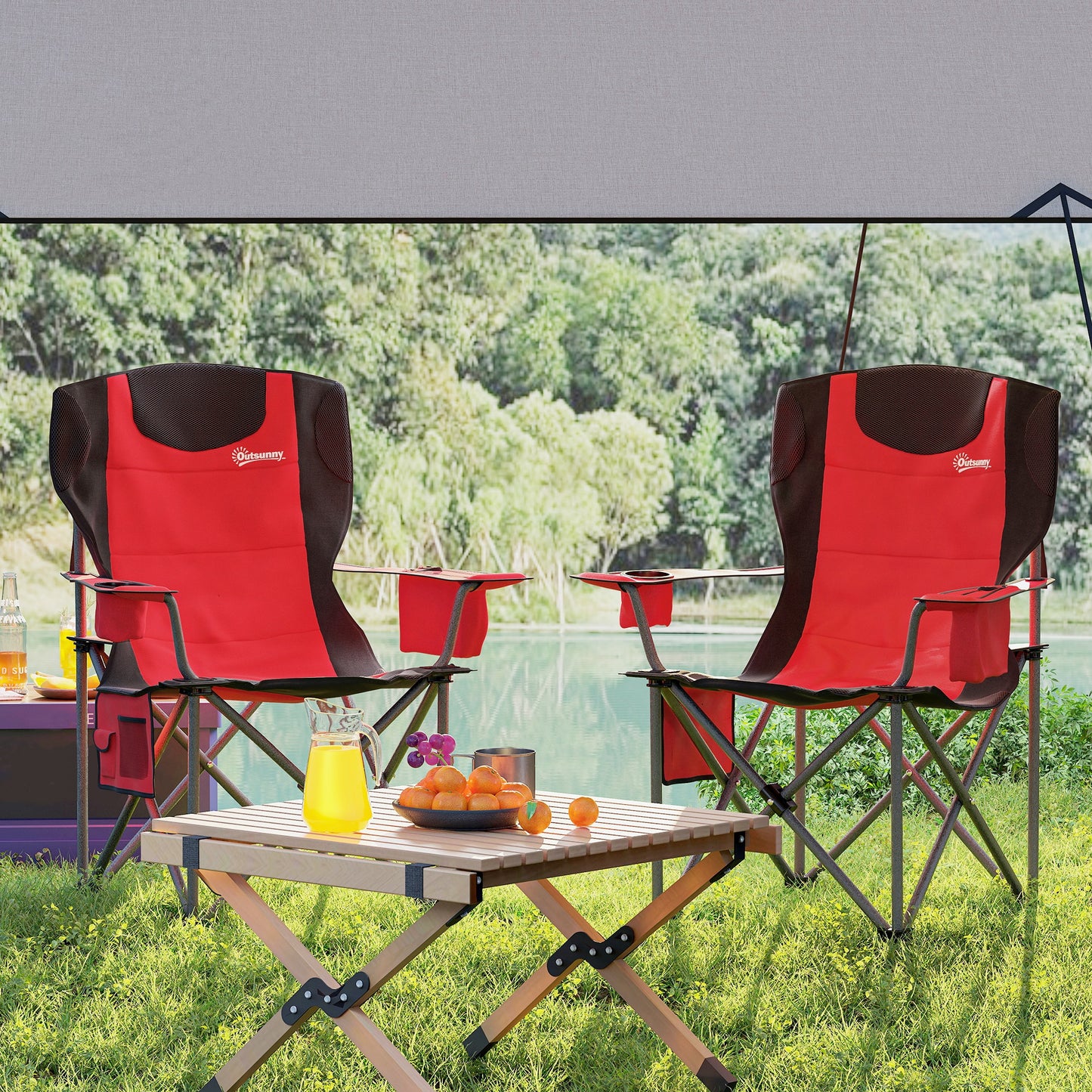 Outsunny Set of 2 Folding Camping Chairs, Padded Camping Chairs with Adjustable Armrests, Portable & Lightweight Folding Camp Chair with Cooler Bag, Cup Holder and Side Pockets