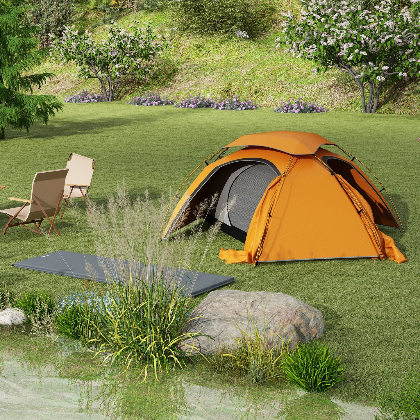 Outsunny Camping Tent with Self Inflatable Mattress, 1 Person Dome Tent with Removable Rainfly and Aluminium Frame, 2000mm Waterproof, Portable with Bags, for Fishing Hiking, Orange/Grey