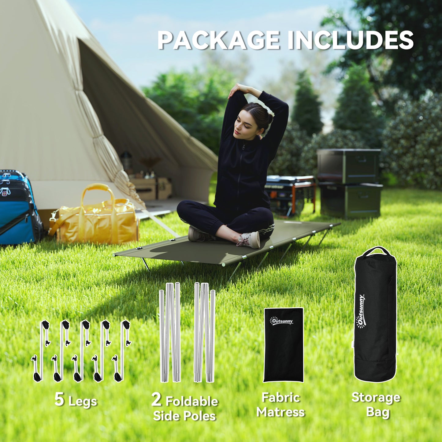Outsunny Lightweight Camping Bed, Aluminium Portable Camp Cot w/ Strong Support 150kg and Carry Bag for Camping