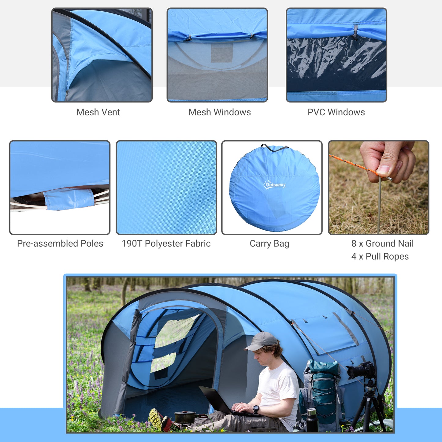 Outsunny 4-5 Person Pop-up Camping Tent Family Tent w/ 2 Mesh Windows & PVC Windows Portable Carry Bag for Outdoor Trip