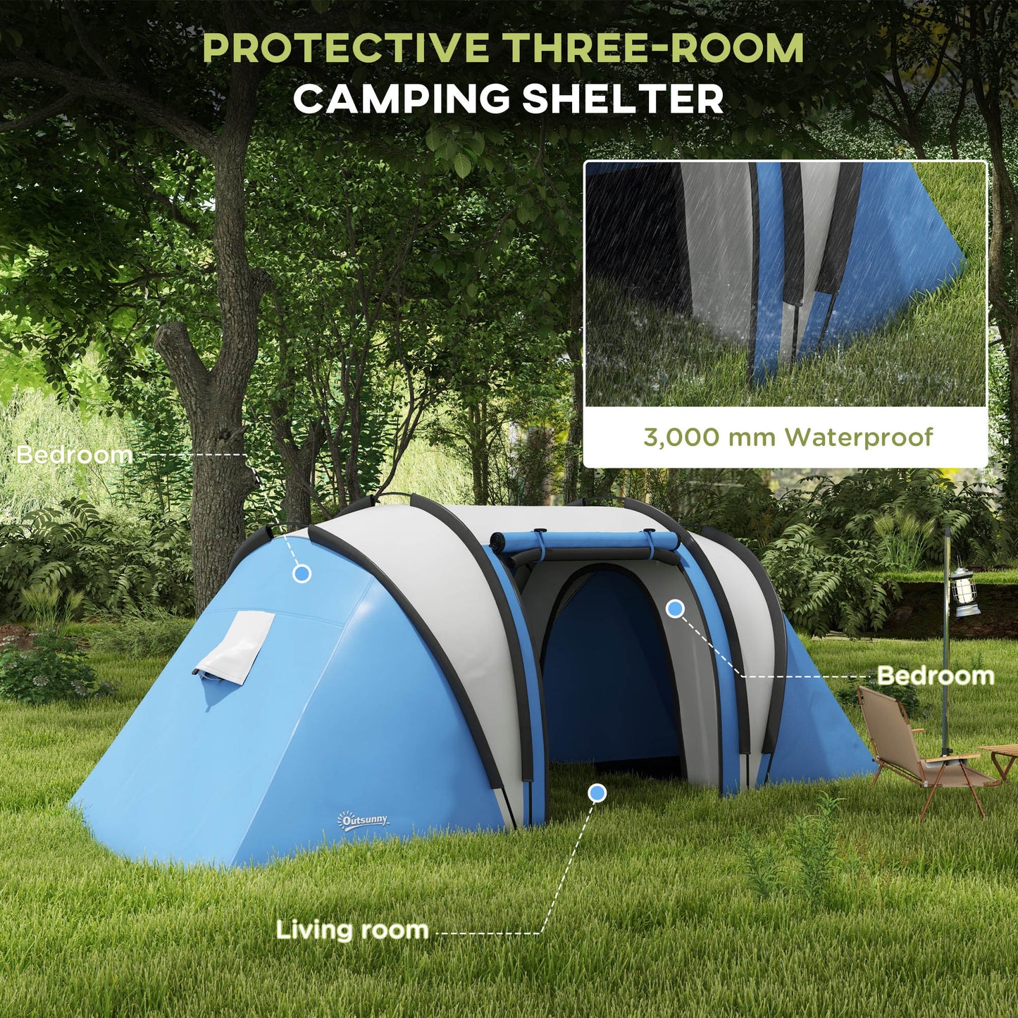 Outsunny Camping Tent with 2 Bedrooms and Living Area, 3000mm Waterproof Family Tent, for Fishing Hiking Festival