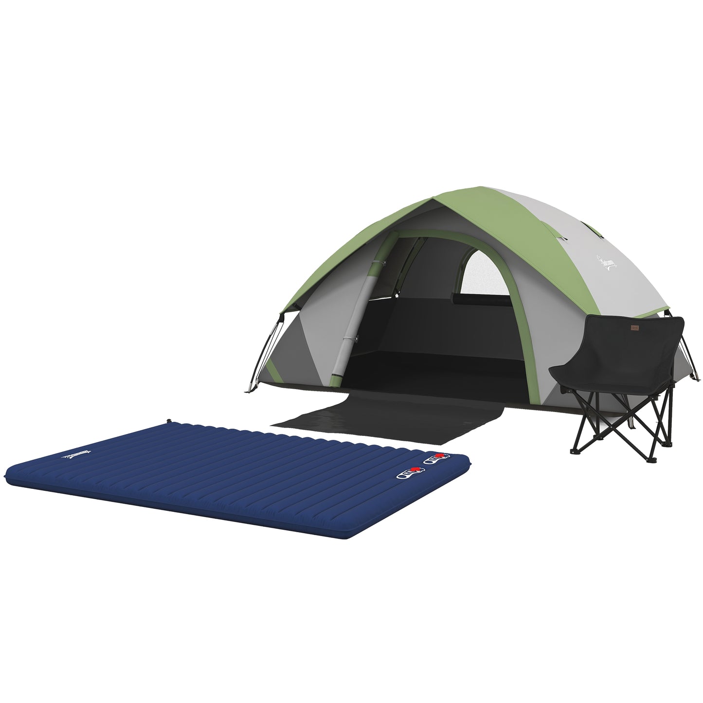 Outsunny Camping Tent with Inflatable Mattress and Camping Chair, 2-3 Person Dome Tent with Sewn-in Groundsheet, Portable 3000mm Waterproof Tent with Carry Bag and Hook, for Fishing Hiking