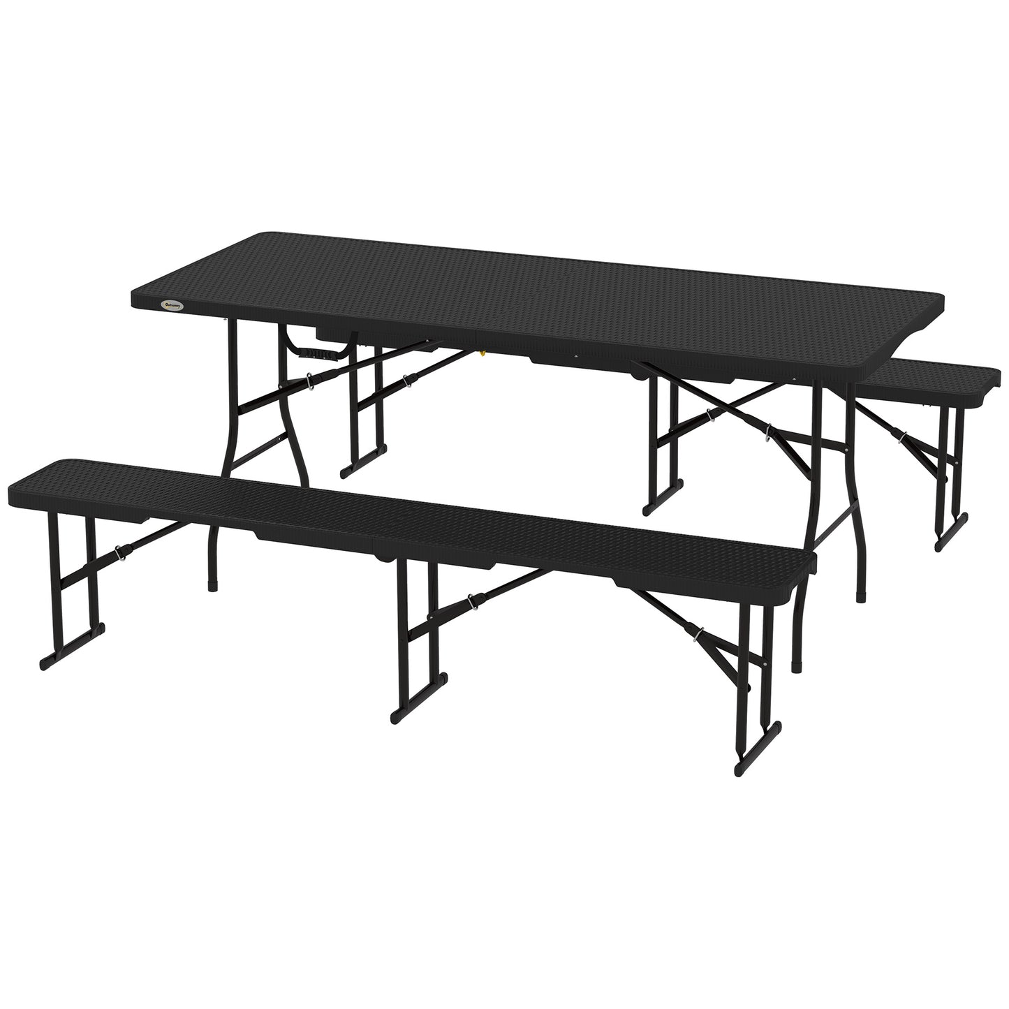 Outsunny Folding Picnic Table and Bench Set, Rattan Effect Portable Camping Table and Chairs with Carrying Handles for Indoor Outdoor, Dining, Camping, Picnic, BBQ, Party, Black