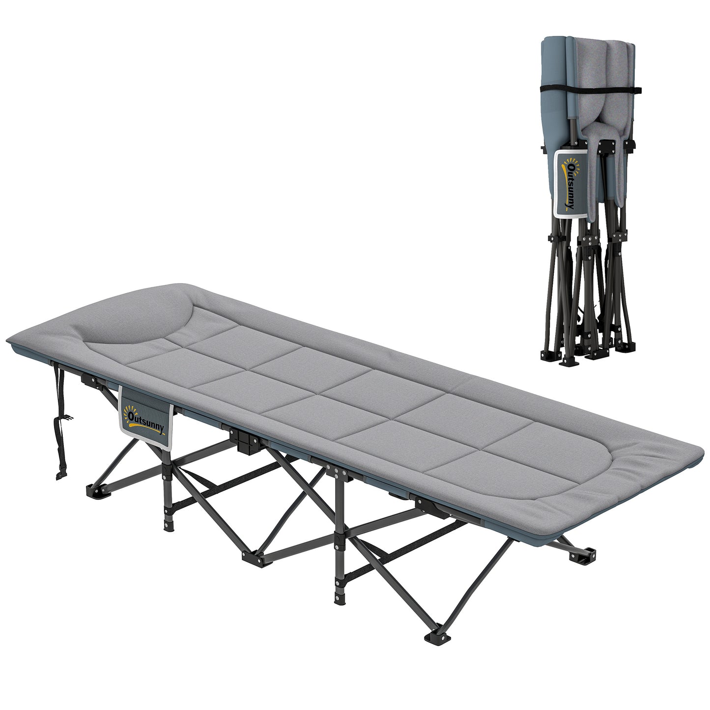 Outsunny Folding Camping Bed for Adults with Cushion, Heavy Duty Portable Travel Camping Cot with Headrest, Side Pocket and Non-Slip Foot Pads for Outdoor Beach Travel Office