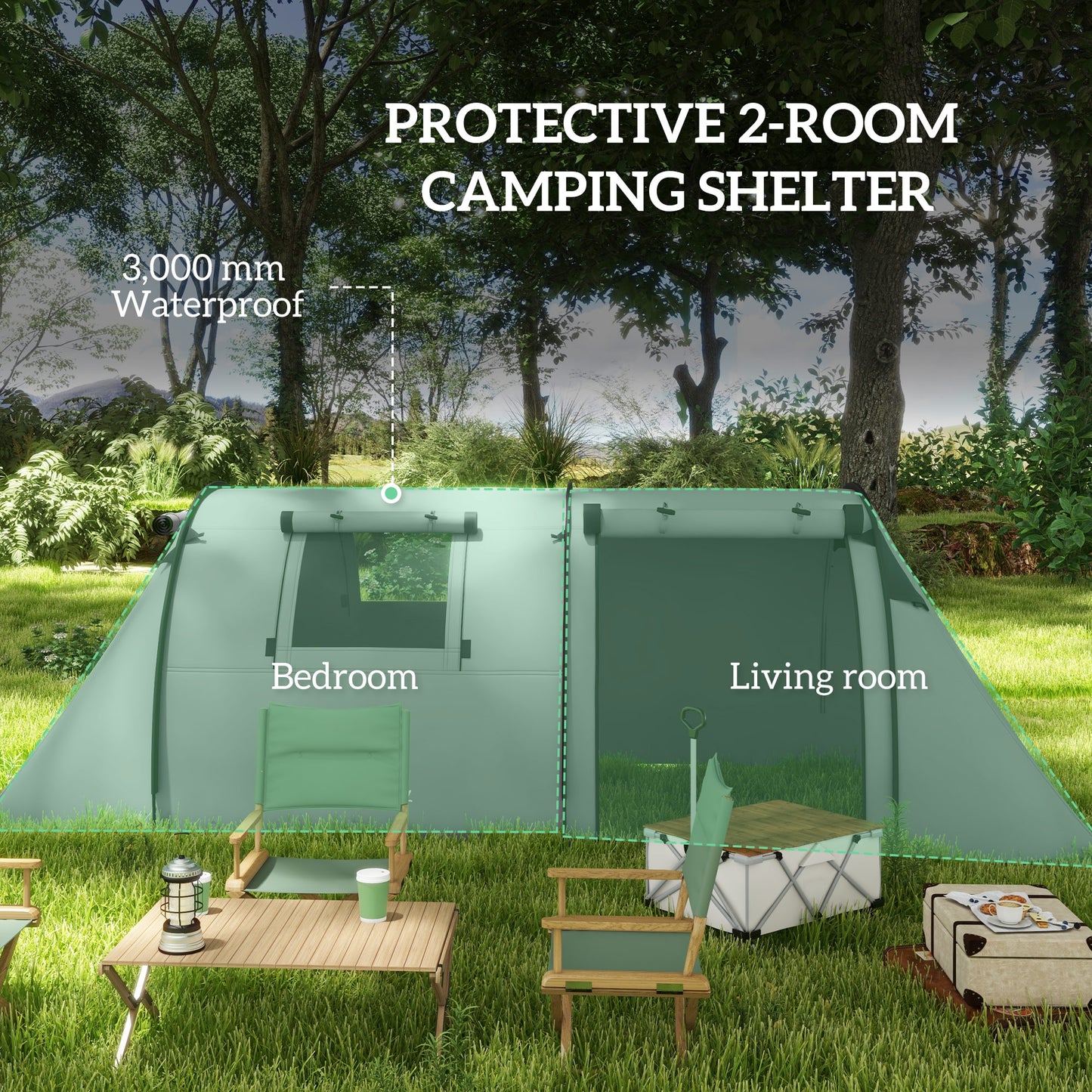 Outsunny Four Man Duo Room Tunnel Tent, with Accessories