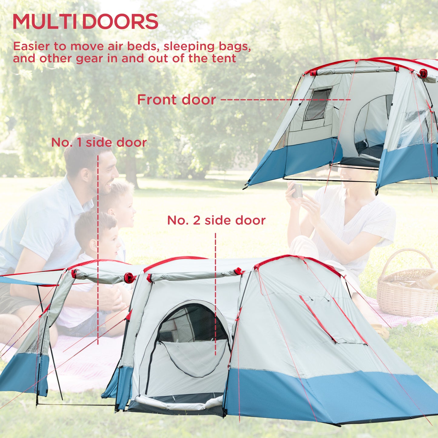 Outsunny 6-8 Person Tunnel Tent, Camping Tent with Bedroom, Living Room, Sewn-in Floor, 3 Doors and Carry Bag, 2000mm Water Column for Fishing, Hiking, Sports, and Traveling