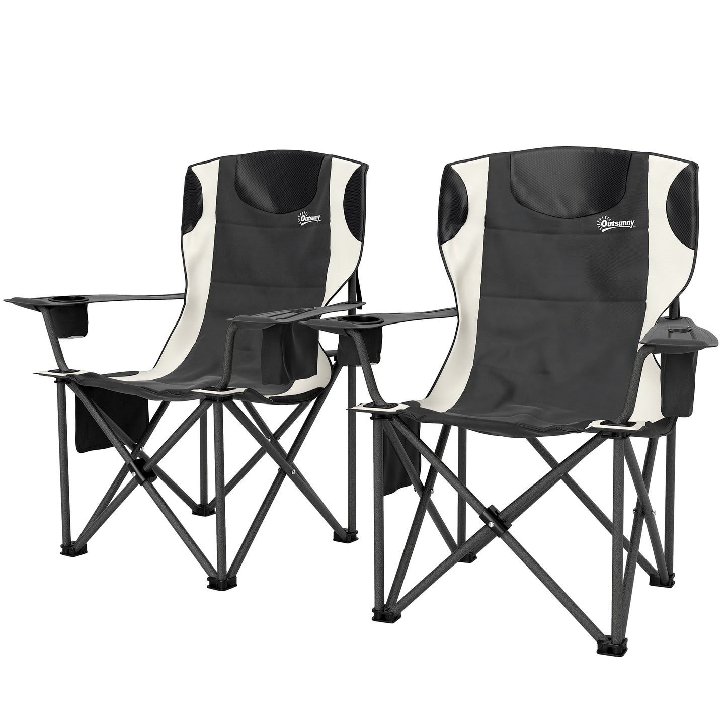 Outsunny Set of 2 Folding Camping Chairs, Padded Camping Chairs with Adjustable Armrests, Portable & Lightweight Folding Camp Chair with Cooler Bag, Cup Holder and Side Pockets