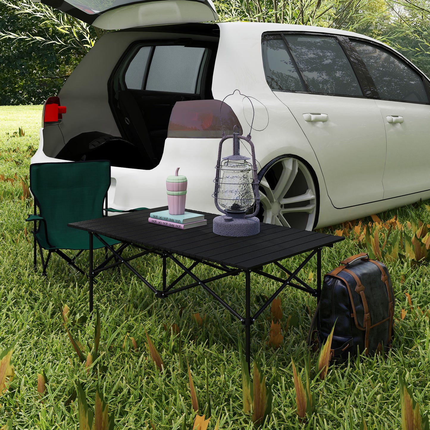 Outsunny Two-Seater Portable Aluminium Table, with Roll-Up Tabletop and Bag