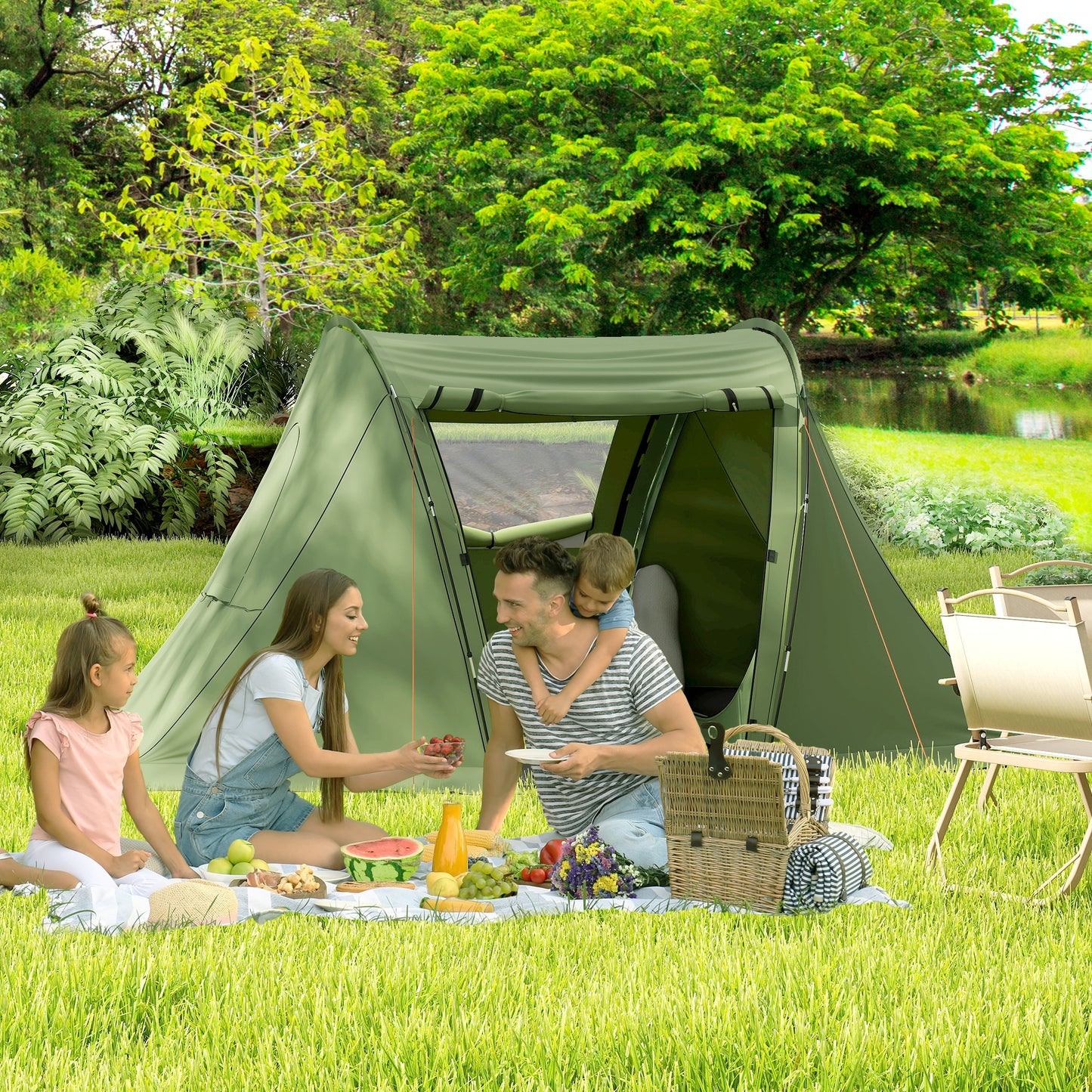 Outsunny 3 Man Camping Tent with Living Area and 2 Bedrooms, 3000mm Waterproof Family Tent with Sewn-in Groundsheet, Portable with Bag for Hiking, Festival, Backpacking
