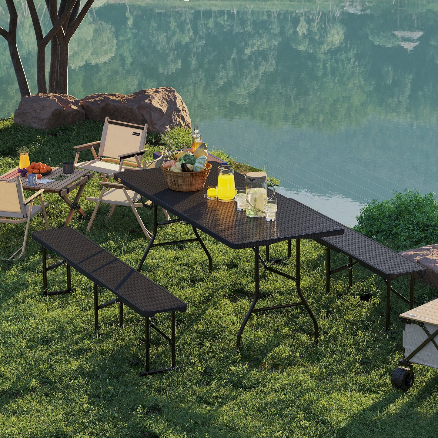 Outsunny Folding Picnic Table and Bench Set, Rattan Effect Portable Camping Table and Chairs with Carrying Handles for Indoor Outdoor, Dining, Camping, Picnic, BBQ, Party, Black