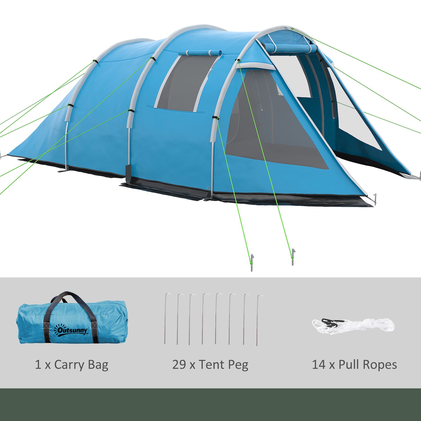 Outsunny 3-4 Man Tunnel Tent, Two Room Camping Tent with Windows and Covers, Portable Carry Bag, for Fishing, Hiking, Sports, Festival