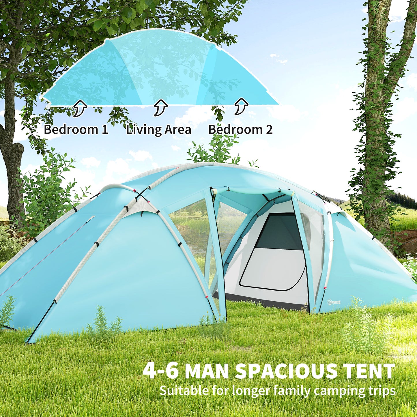 Outsunny 4-6 Man Family Camping Tent w/ 2 Bedrooms and a Living Room, Waterproof Tunnel Tent w/ Sewn In Groundsheet, Doors, Windows, Carry Bag