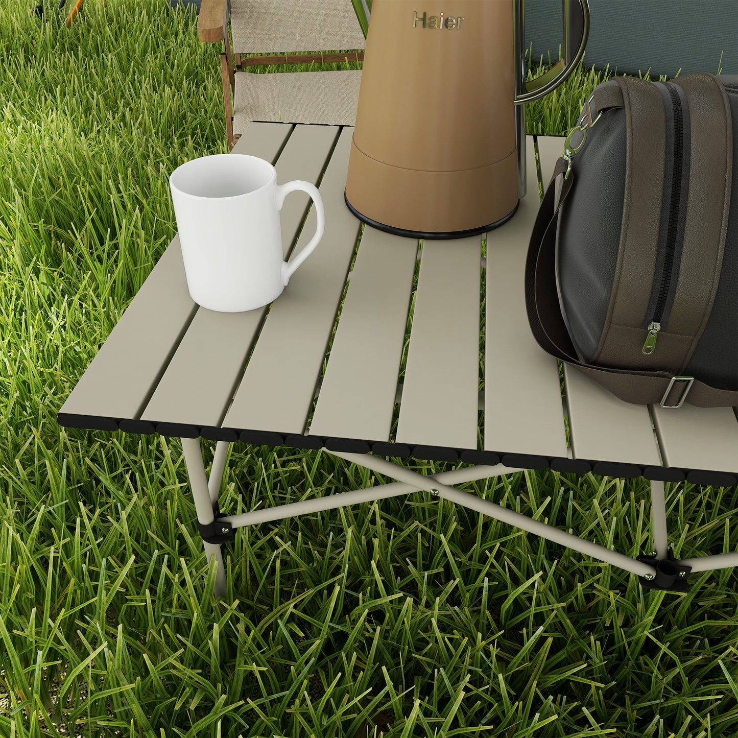 Outsunny Two-Seater Portable Aluminium Table, with Roll-Up Tabletop and Bag