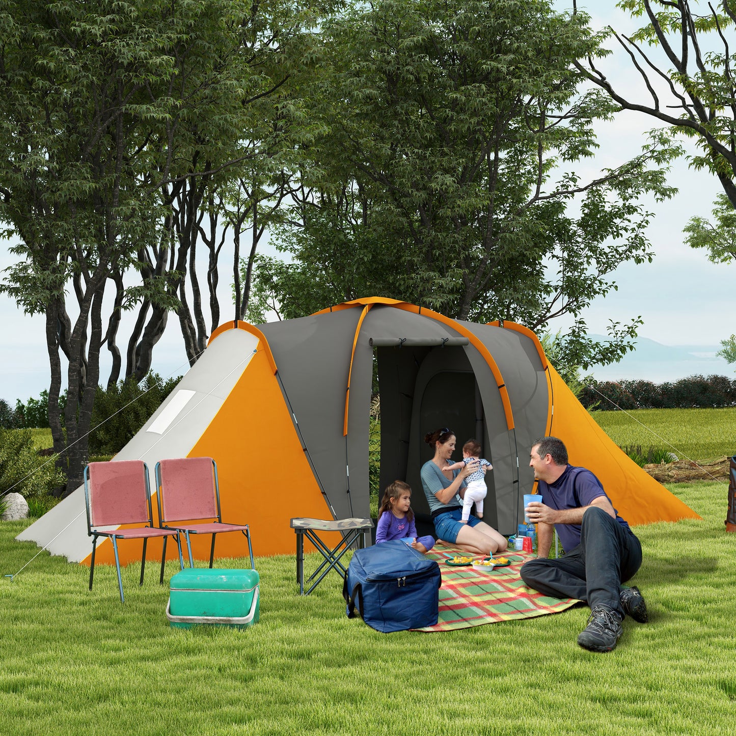 Outsunny Large Camping Tent Tunnel Tent with 2 Bedroom and Living Area, 2000mm Waterproof, Portable with Bag for 4-6 Man