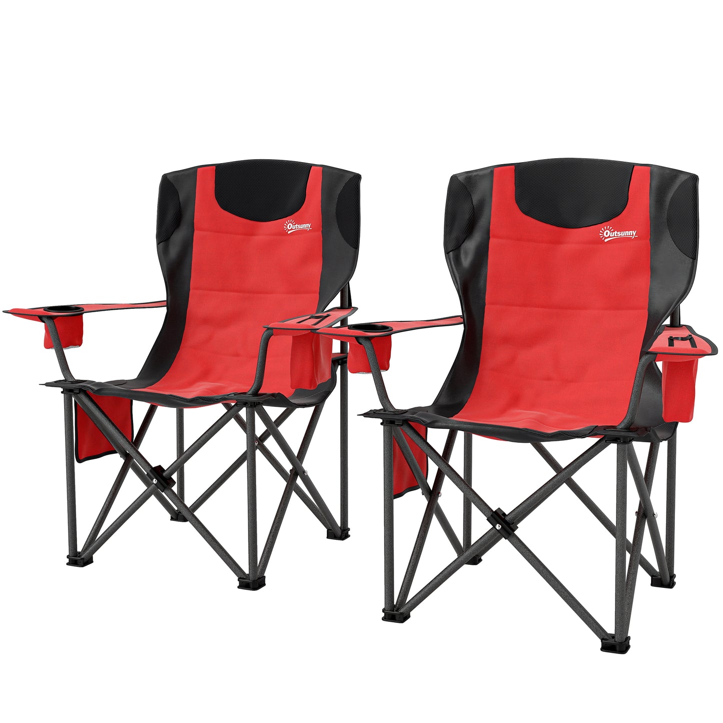 Outsunny Set of 2 Folding Camping Chairs, Padded Camping Chairs with Adjustable Armrests, Portable & Lightweight Folding Camp Chair with Cooler Bag, Cup Holder and Side Pockets