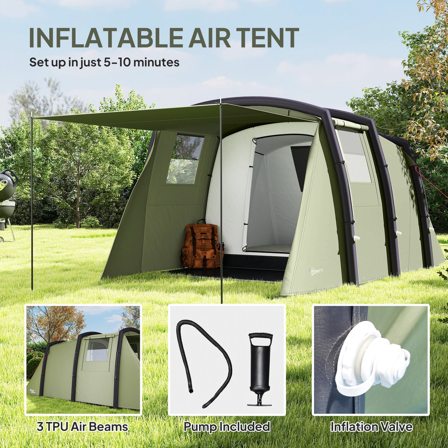 Outsunny Inflatable 3-4 Man Tunnel Tent w/ Air Pump, Living Area & Vestibule, Waterproof Family Camping Air Tent w/ Sewn In Groundsheet & Removable Footprint for Camping, Hiking