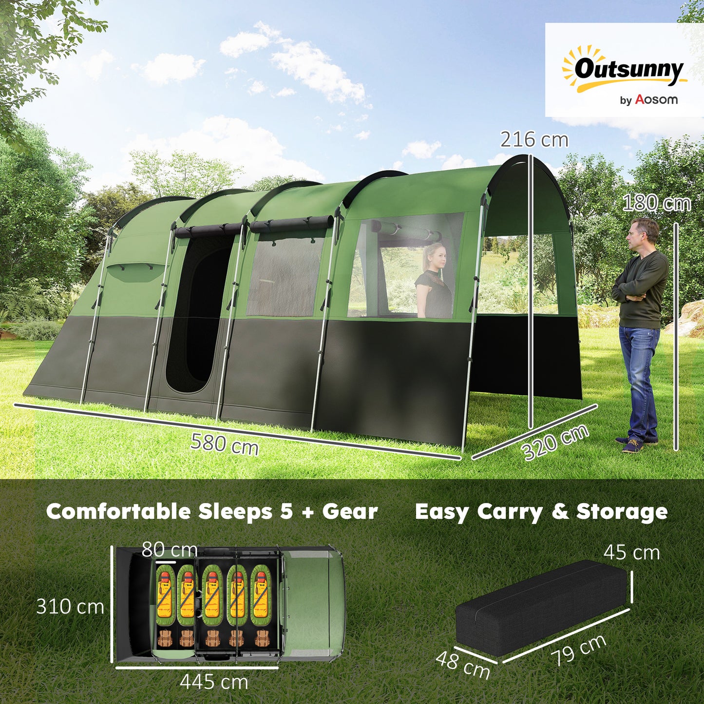 Outsunny 8-Person Camping Tent, Waterproof Family Tent, Tunnel Design, 4 Large Windows, Sleeping Cabins 3000mm Water Column