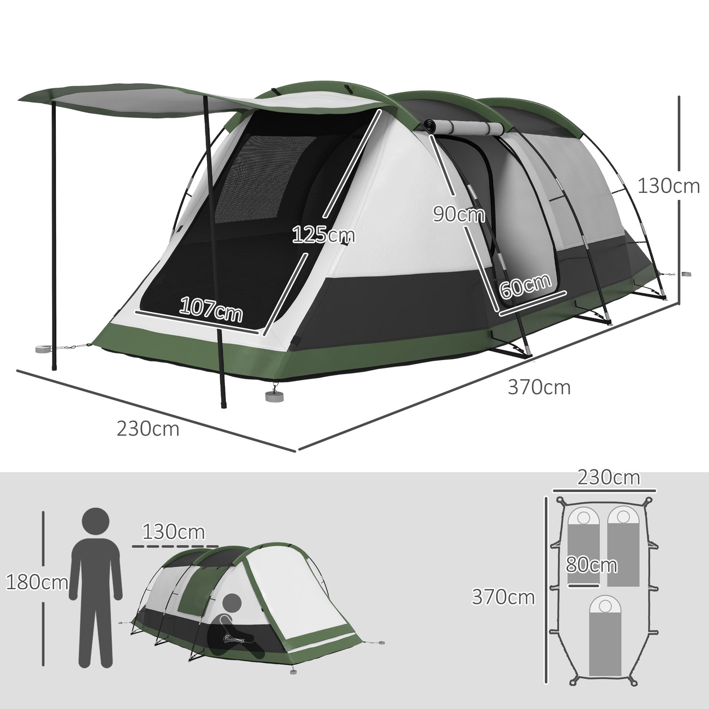 Outsunny Three-Man Camping Tent, with Two Rooms and Porch