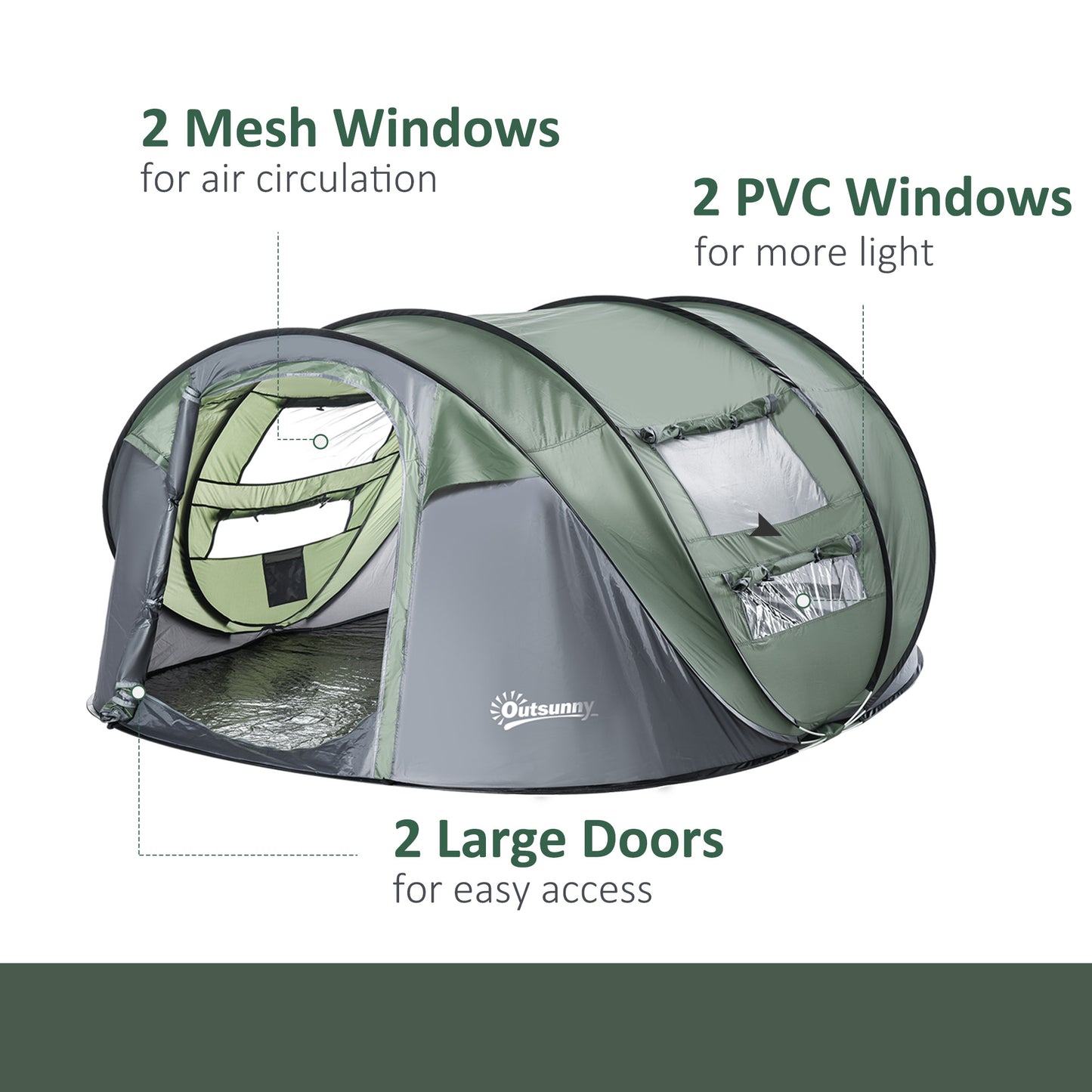 Outsunny 4-5 Person Pop-up Camping Tent Family Tent w/ 2 Mesh Windows & PVC Windows Portable Carry Bag for Outdoor Trip