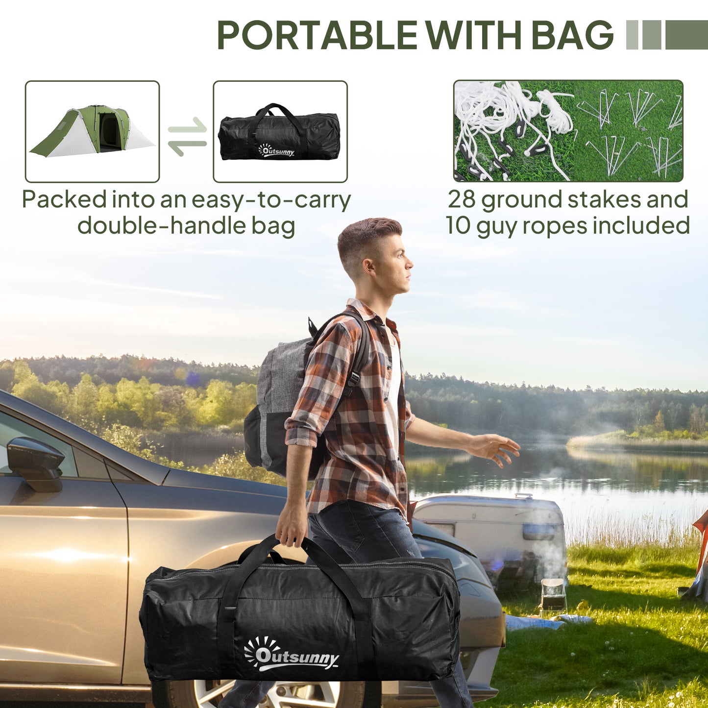 Outsunny Large Camping Tent Tunnel Tent with 2 Bedroom and Living Area, 2000mm Waterproof, Portable with Bag for 4-6 Man