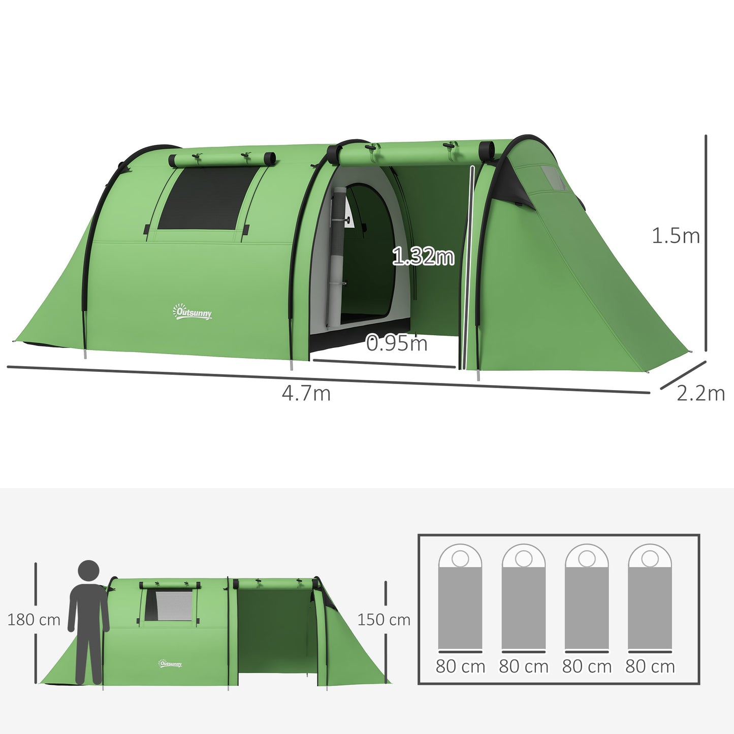 Outsunny Four Man Duo Room Tunnel Tent, with Accessories