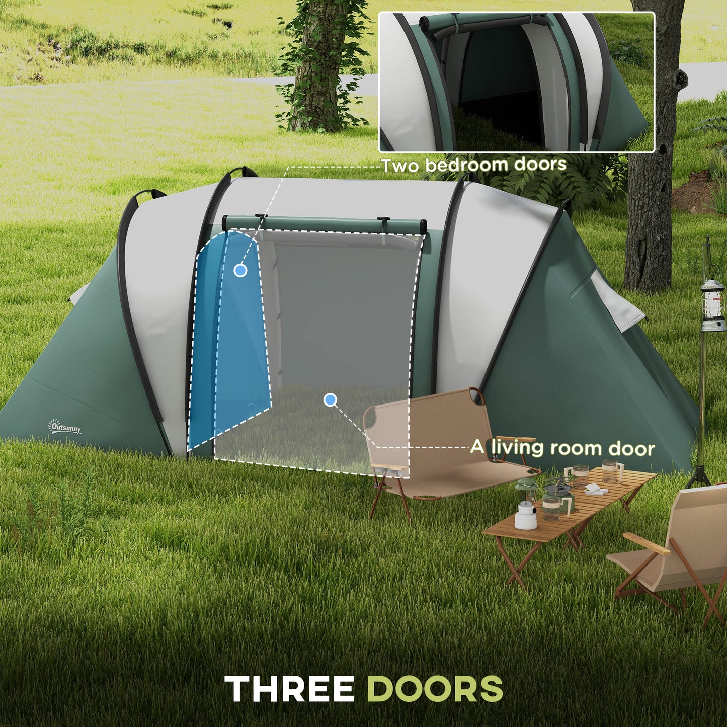 Outsunny Camping Tent with 2 Bedrooms and Living Area, 3000mm Waterproof Family Tent, for Fishing Hiking Festival