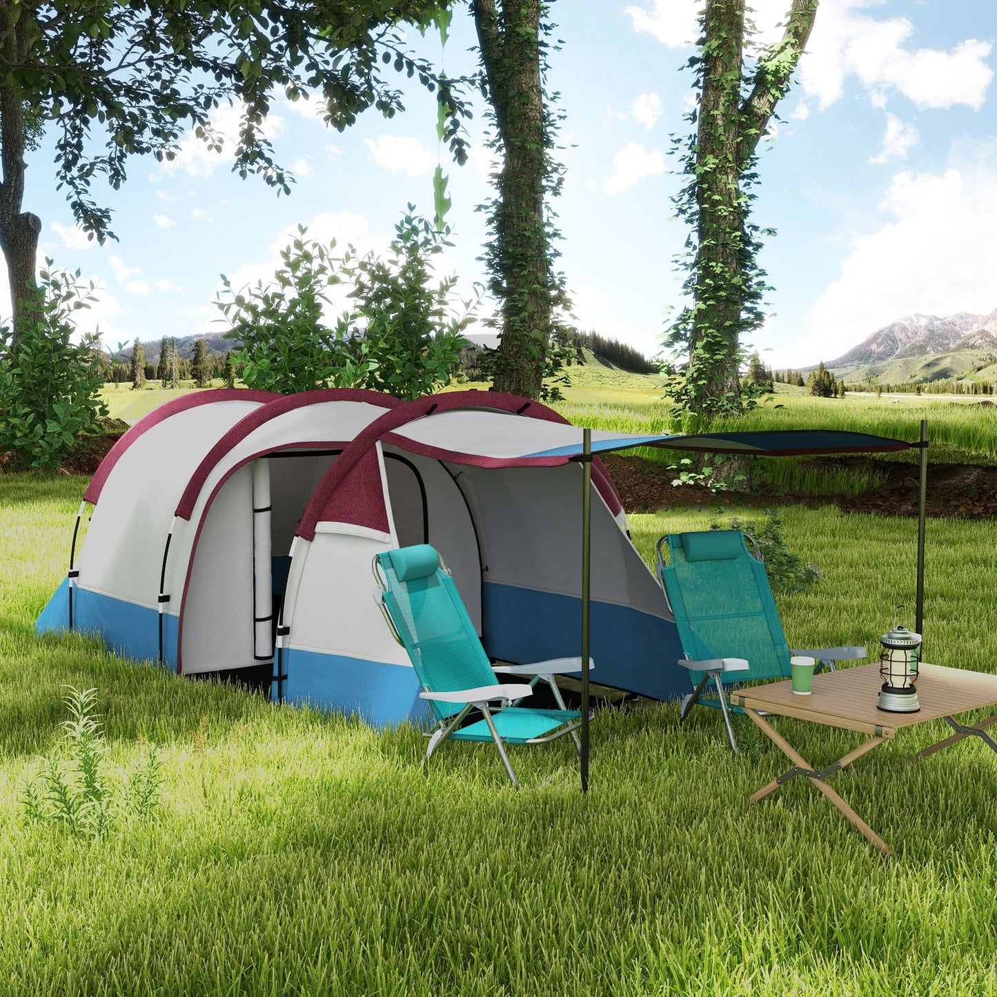 Outsunny Camping Tent, Large Tunnel Tent with Bedroom and Living Area, 2000mm Waterproof, Portable with Bag for 2-3 Man