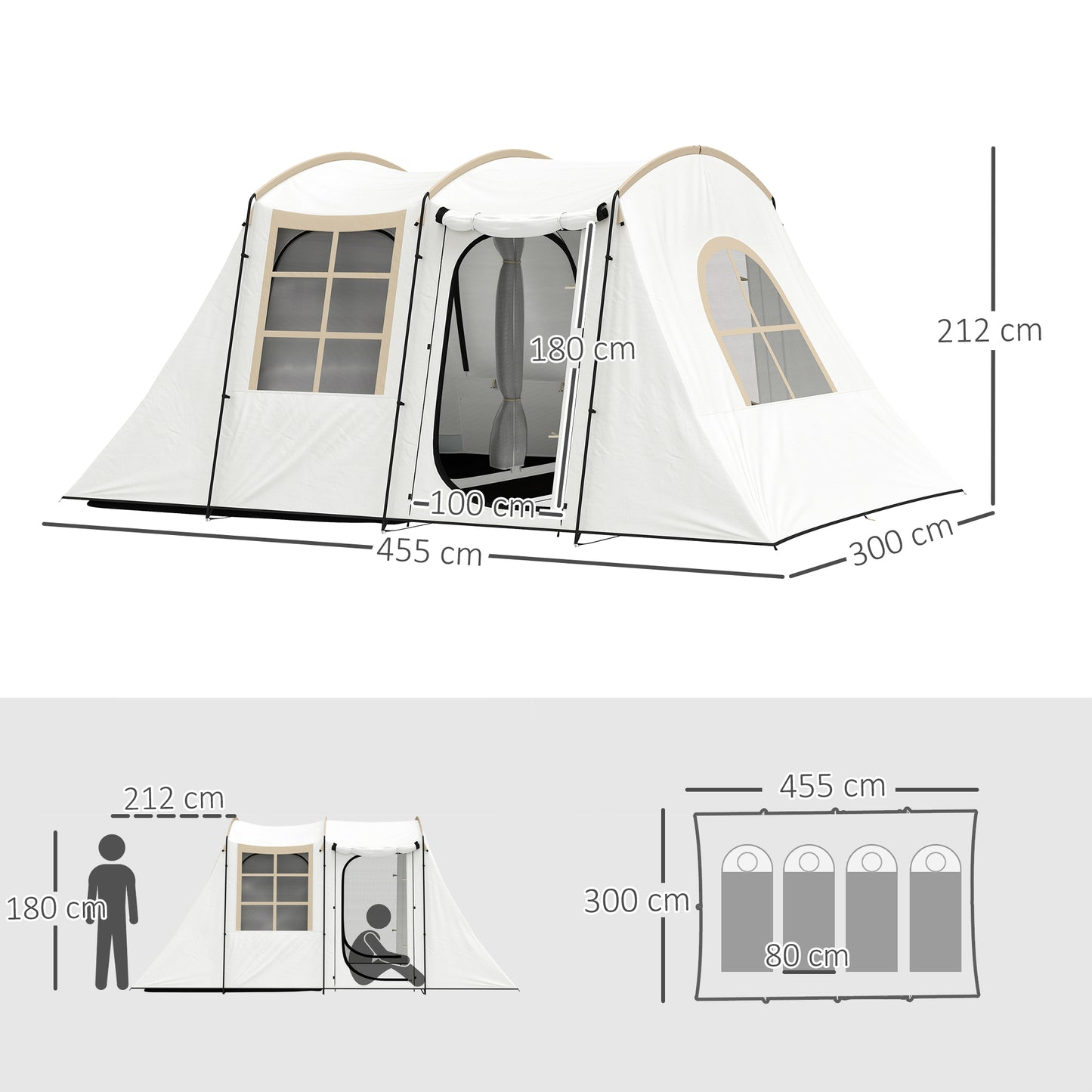 Outsunny 3-4 Man Tunnel Tent, Family Camping Tent with Porch, Bedroom and Living Area, Sewn in Groundsheet, 3000mm Waterproof, Portable with Bag for Hiking, Festival, Backpacking