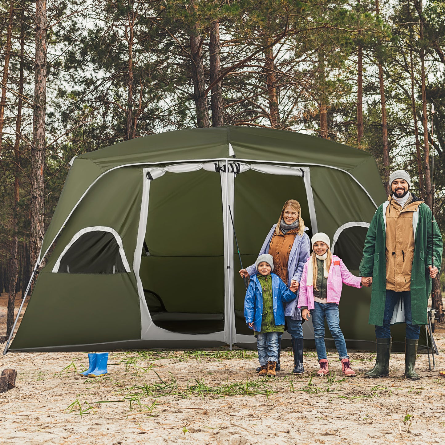 Outsunny Camping Tent, Family Tent 4-8 Person 2 Room, with Large Mesh Windows, Easy Set Up for Backpacking Hiking Outdoor