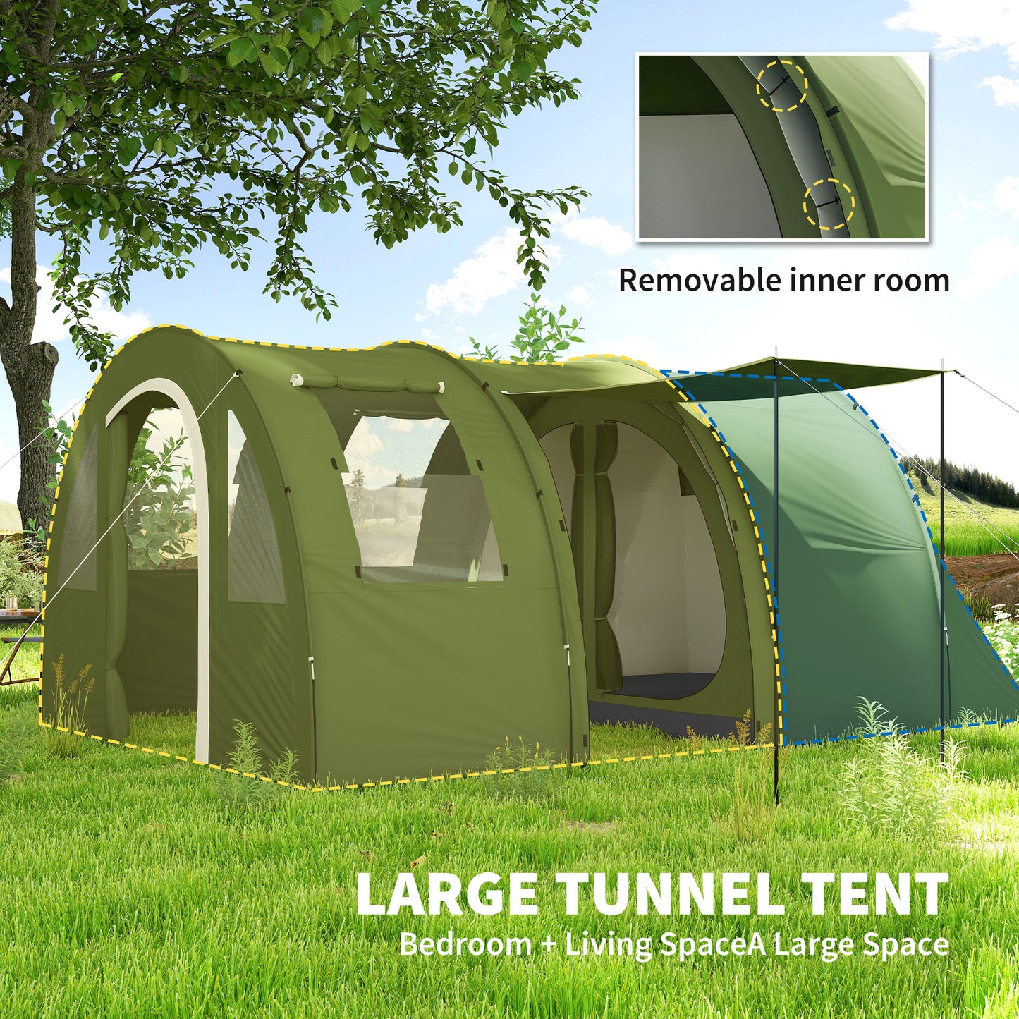 Outsunny 5-6 Man Camping Tent with 2 Room, Floor and Carry Bag