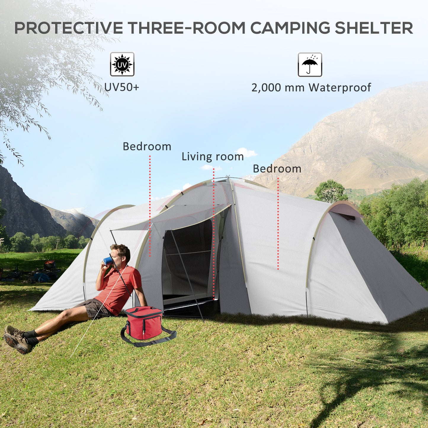 Outsunny Four-Man Tunnel Tent, with Two Bedrooms and Living Room