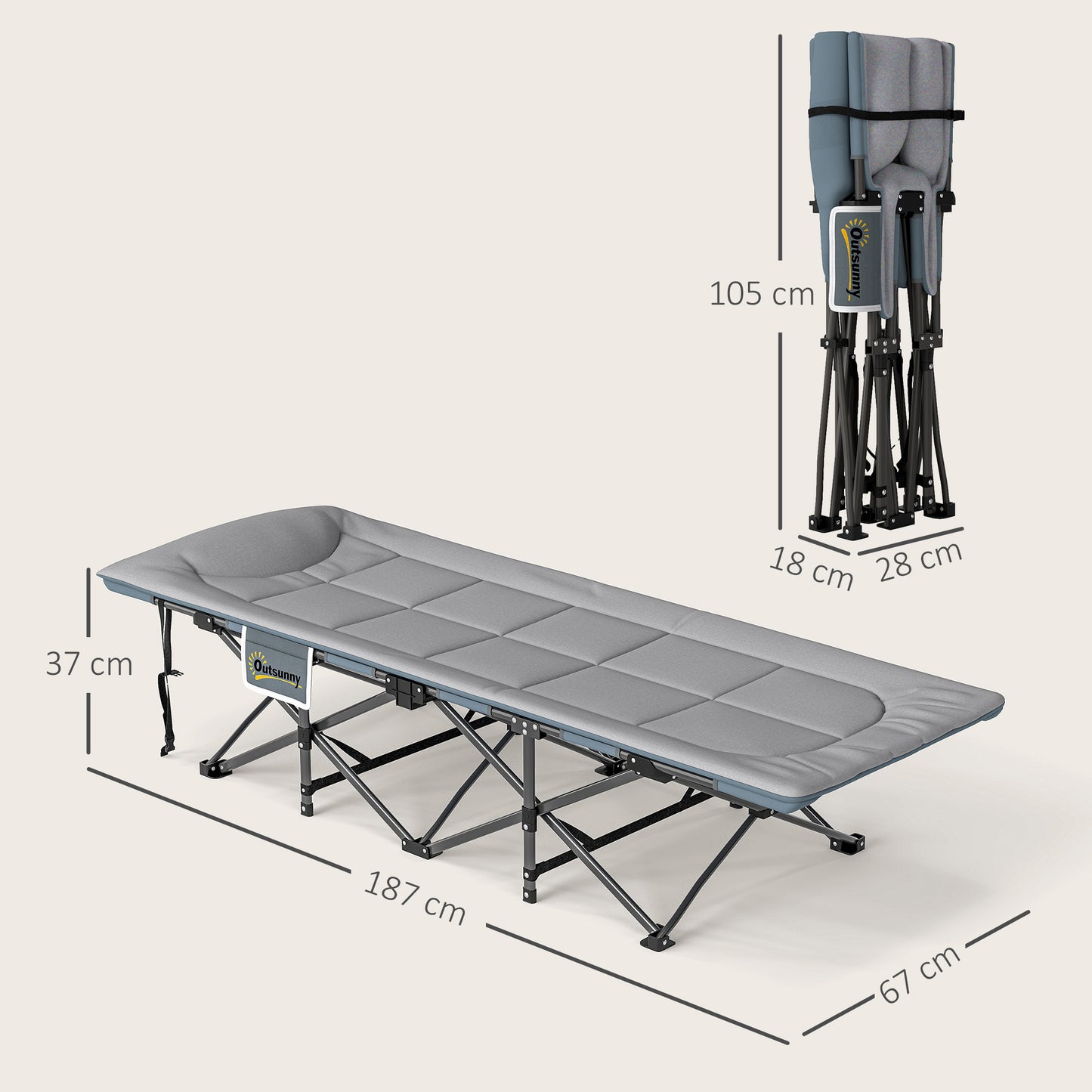 Outsunny Folding Camping Bed for Adults with Cushion, Heavy Duty Portable Travel Camping Cot with Headrest, Side Pocket and Non-Slip Foot Pads for Outdoor Beach Travel Office